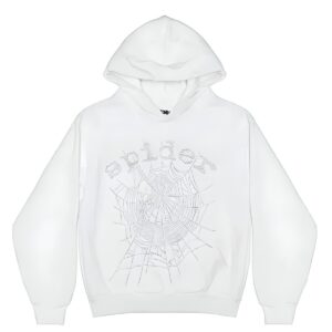 Sp5der OG Rhinestone Logo Hoodie White the front side