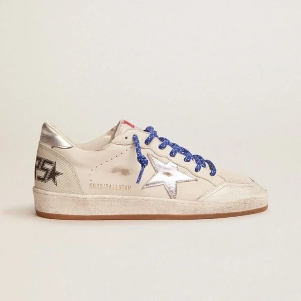 Golden Goose Ball Star White Sneakers with Blue Laces