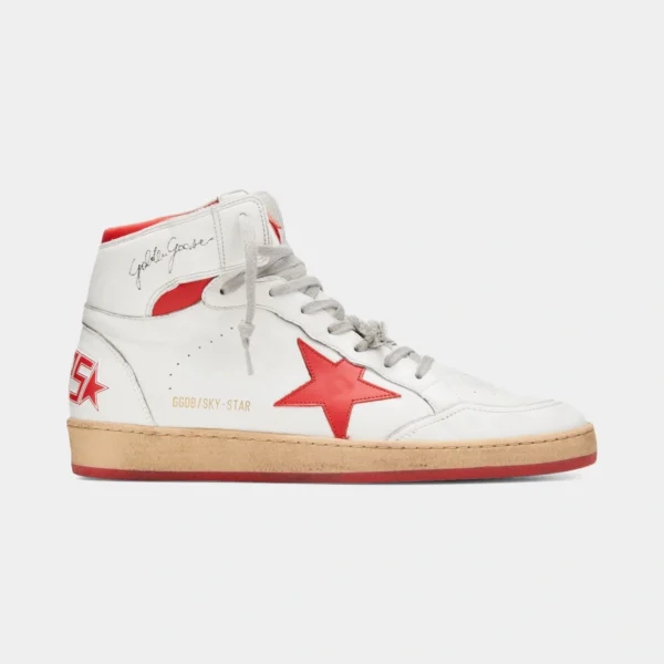 Golden Goose Men’s Sky-Star in distressed white leather with red suede details