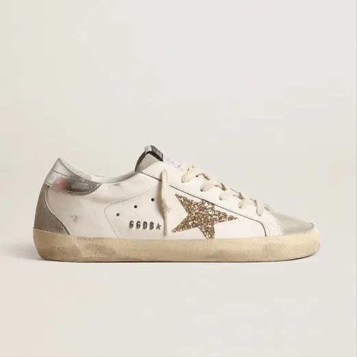 Golden Goose Super-Star Women’s White Leather Sneakers with Silver Glitter Star