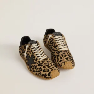 Men's Black Leather Star Beige & Black Leopard Print Pony Skin Marathon Speed