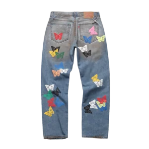 Denim Tears Butterfly Print Distressed Denim Jeans Blue