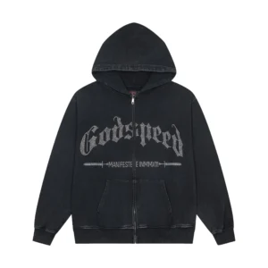 Godspeed Manifesto Rhinestone Zip Hoodie Washed Black