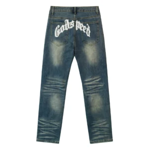 Godspeed Distressed Logo Denim Jeans Blue