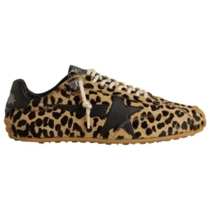 Men's Black Leather Star Beige & Black Leopard Print Pony Skin Marathon Speed