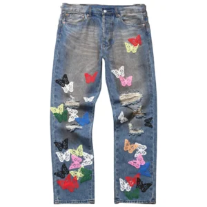 Denim Tears Butterfly Print Distressed Denim Jeans Blue