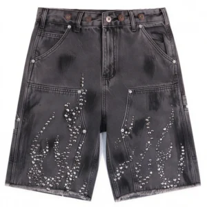 Hellstar Flame Stud Denim Shorts Grey