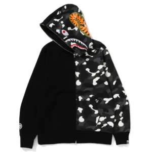 Bape Tiger Shark Split Camo Full Zip Hoodie Black