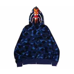 Bape Color Camo Tiger Shark Wide Full Zip Double Hoodie Blue