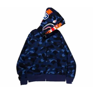 Bape Color Camo Tiger Shark Wide Full Zip Double Hoodie Blue