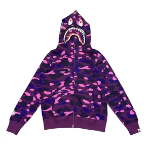 Bape Color Camo Tiger Shark Wide Full Zip Double Hoodie Purple